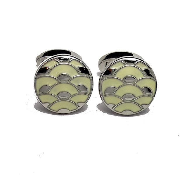 Elegant David Aster cloisonne cufflinks with white enamel and silver-tone edges, showcasing intricate enamel design.
