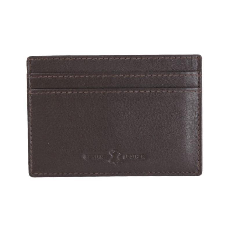 David Aster Amos Brown RFID-lined leather credit card holder showing multiple card slots on a brown leather wallet.