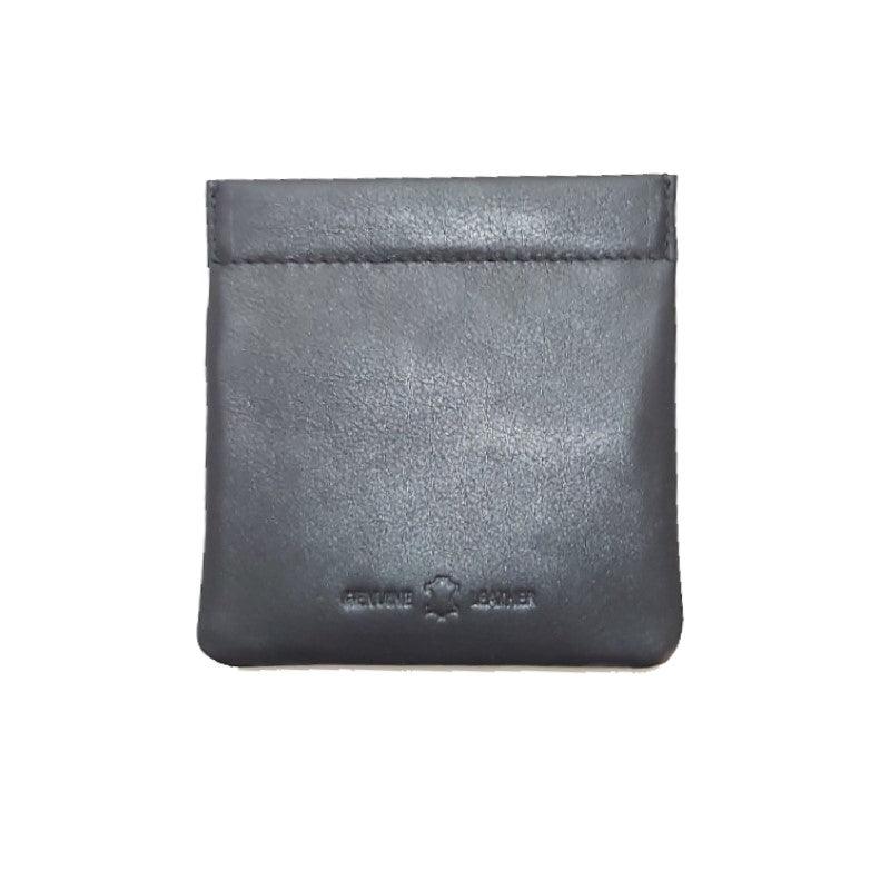 Black leather coin pouch from David Aster, compact wallet with a sleek design and secure closure.