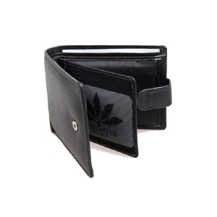 Black leather wallet by David Aster, featuring multiple card slots and a sleek design for everyday use.