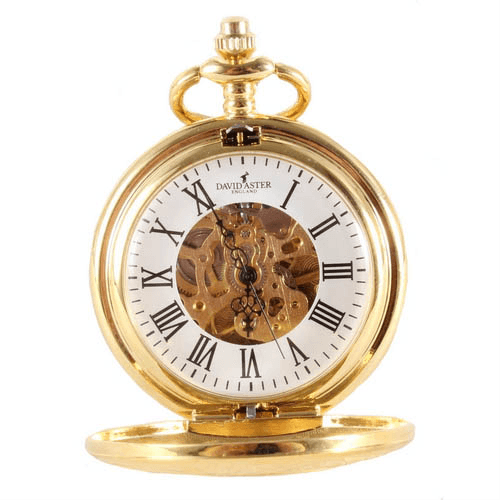 David Aster gold patterned quartz half hunter pocket watch showing intricate dial and classic design.