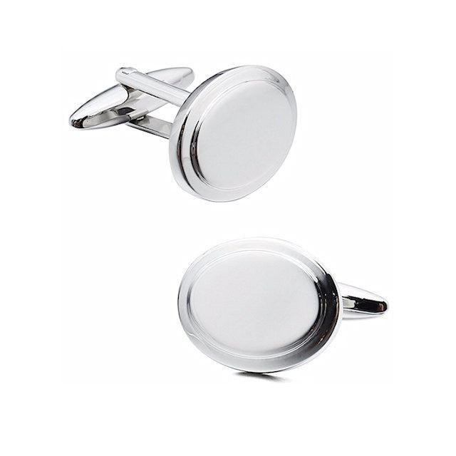 T.M.J plain metal engraved oval cufflinks with polished silver finish for formal wear