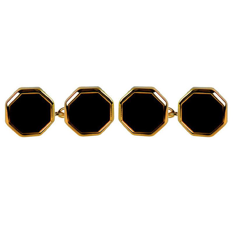 Dalaco octagonal double chain cufflinks with black stone centers and gold-tone edges