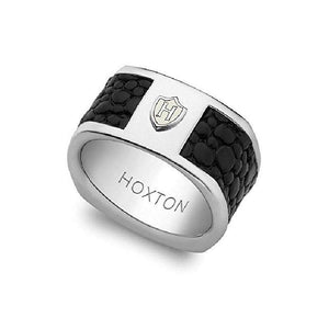 Hoxton London men's silver ring with black leather inlay, sterling silver jewelry for stylish men.