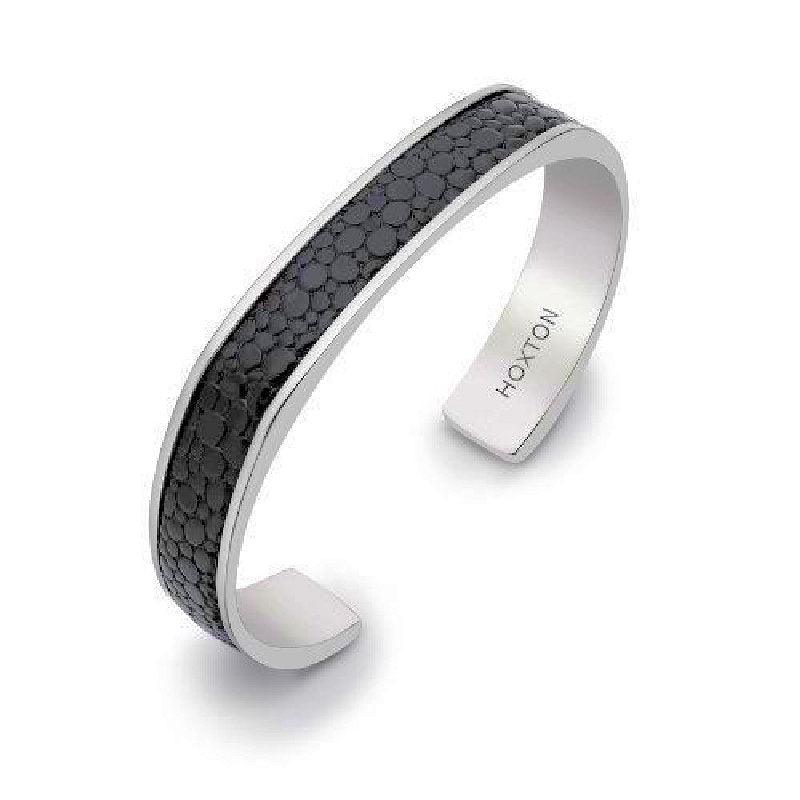 Hoxton London men's sterling silver cuff bracelet with black printed leather inlay and sleek design.