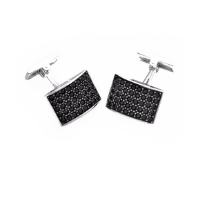 Hoxton London men's sterling silver cufflinks with black CZ stones and curved rectangular design.