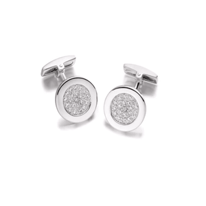 Hoxton London men's sterling silver cufflinks with round zirconia stones, showcasing a polished, elegant design.