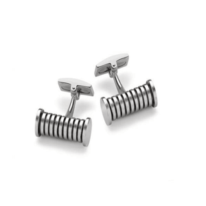 Hoxton London men's sterling silver striped cylindrical cufflinks with a polished finish and intricate design.