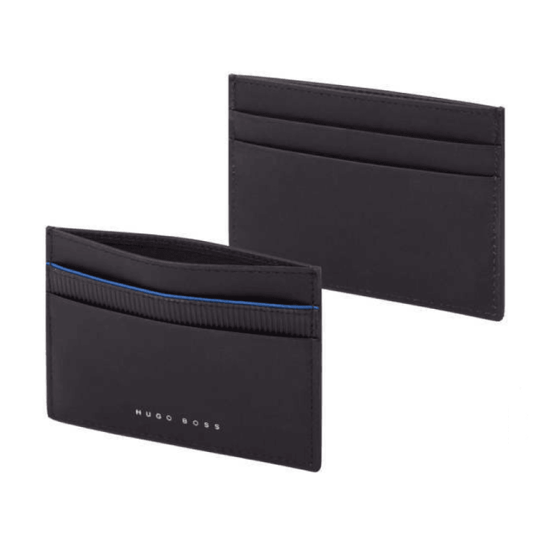 Blue and black HUGO BOSS leather ribbon matrix card holder with sleek design and multiple card slots.