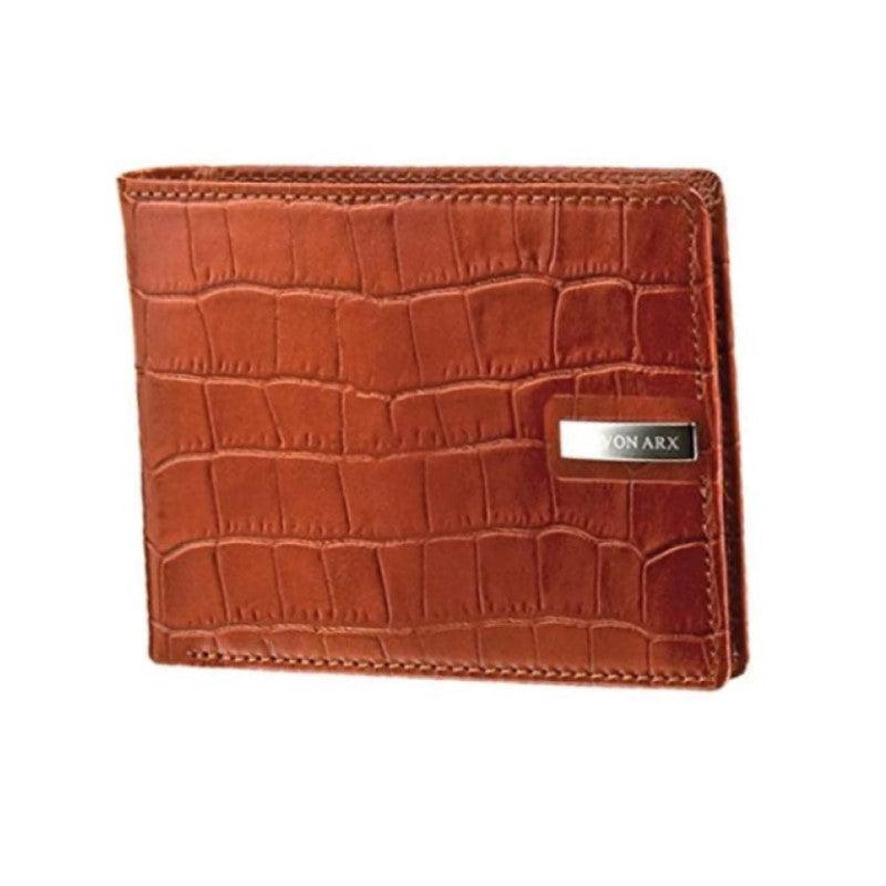JOS VON ARX men's brown crocodile-textured leather 8-slot card holder bi-fold wallet, front view