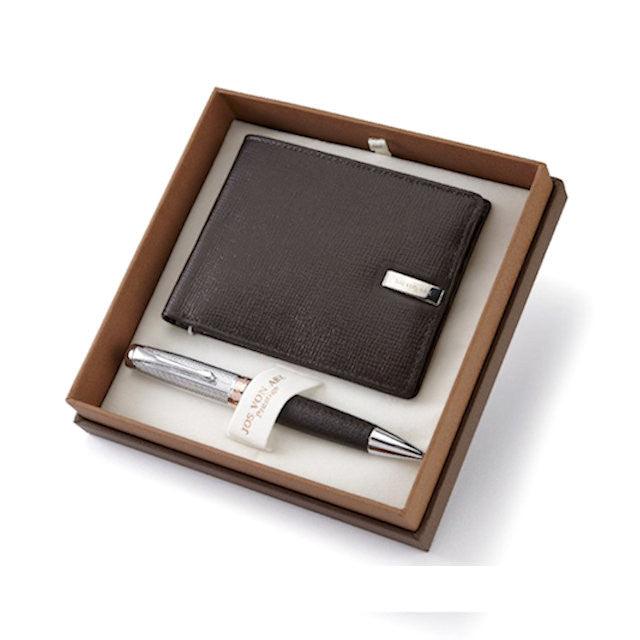 Jon Von Arx Collection men's brown wallet and pen gift set in a brown box