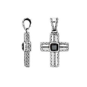 T.M.J men's sterling silver cross pendant with intricate design and black stone center