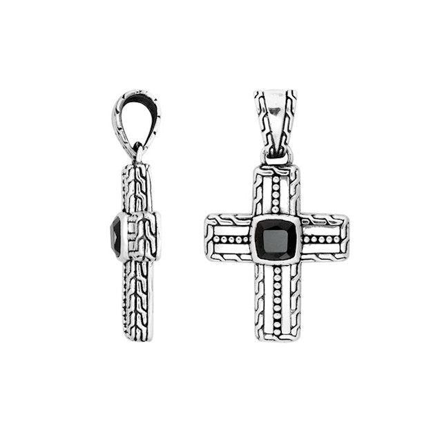 T.M.J men's sterling silver cross pendant with intricate design and black stone center
