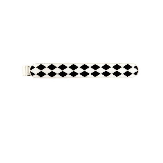 Dalaco rhodium chequered tie bar with black and white diamond pattern for stylish formal wear