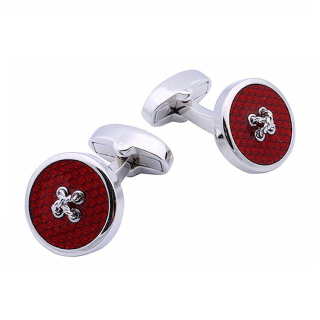 T.M.J enamel rhodium cufflinks for men with red textured round design and silver accents