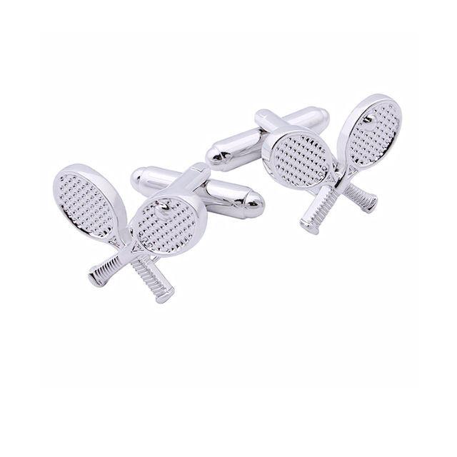 Theodore Men's Jewellery rhodium tennis racquet cufflinks with detailed grip and strings design