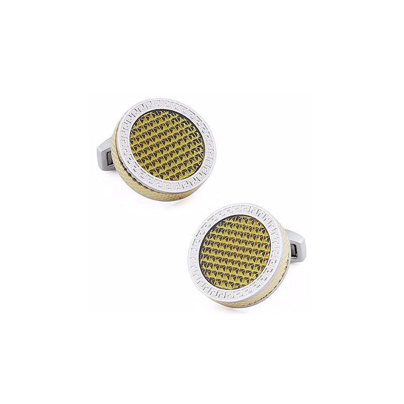T.M.J gold and rose gold round enamel cufflinks with intricate patterned design