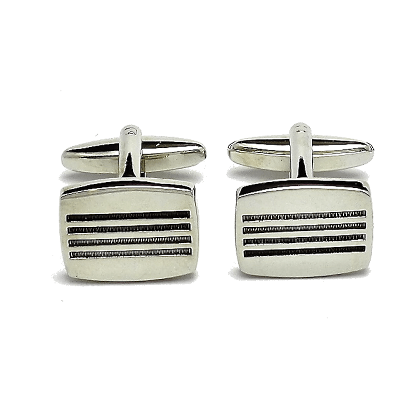 T.M.J plain metal patterned rectangle cufflinks with horizontal black lines design