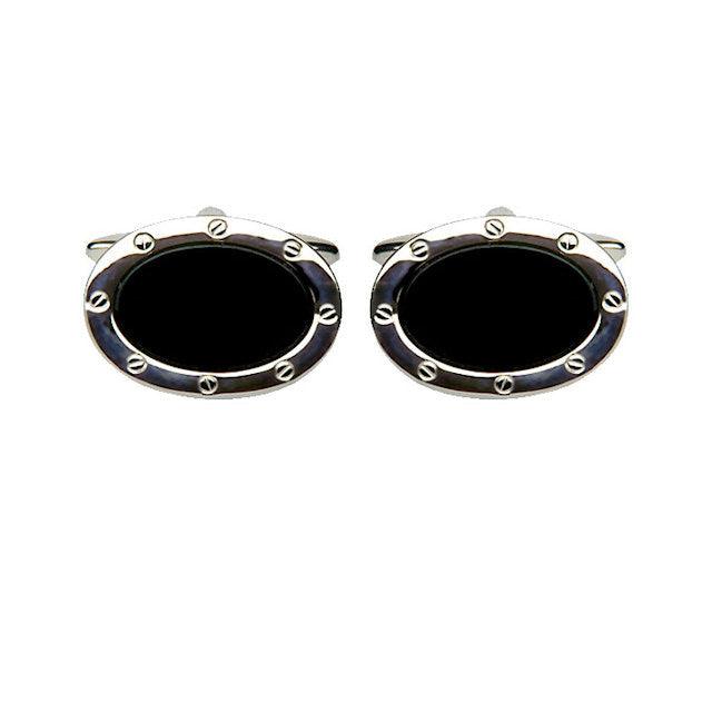 Dalaco stone cufflinks with black oval center and porthole design cufflinks silver frame