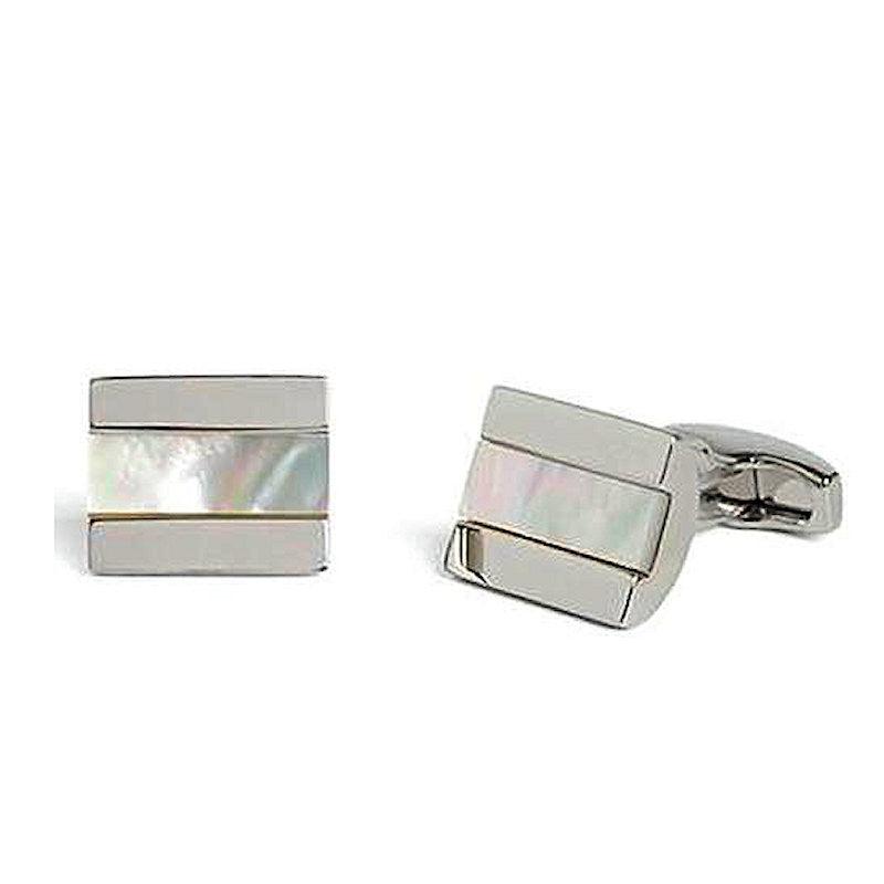 Simon Carter chunky cufflinks featuring polished mother of pearl with a sleek, classic design for men's formal wear.