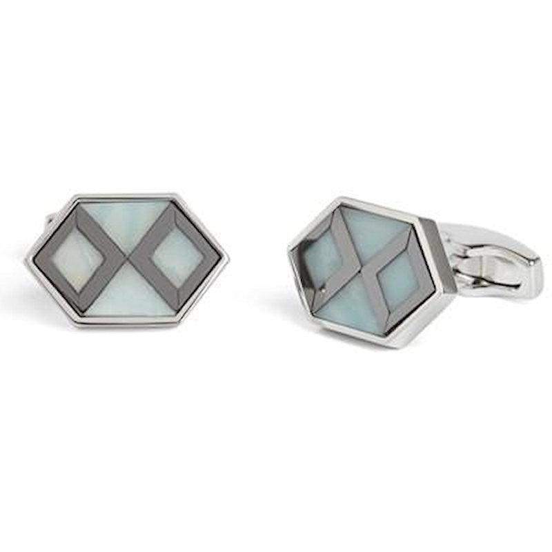 Simon Carter mother of pearl and amazonite stone cufflinks with silver-tone setting, showcasing elegant men's accessory design.