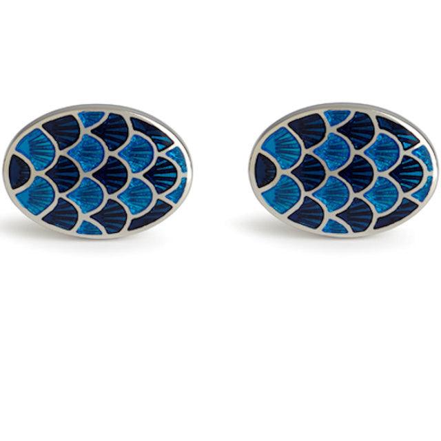 Simon Carter navy cufflinks with enamel oval design in shades of blue and silver metal frame