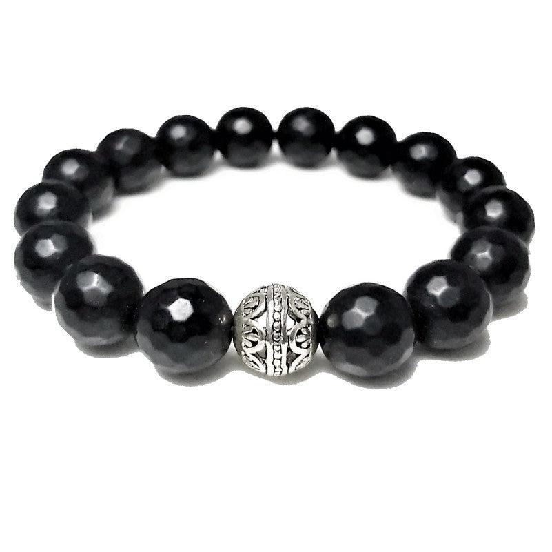 Black Agate faceted bead bracelet with antique silver accents, featuring a 17cm length and 4mm beads from T.M.J.