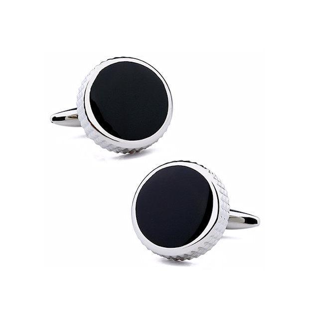 T.M.J men's round enamel cufflinks with a sleek black enamel finish, showcasing elegant and polished accessory details.