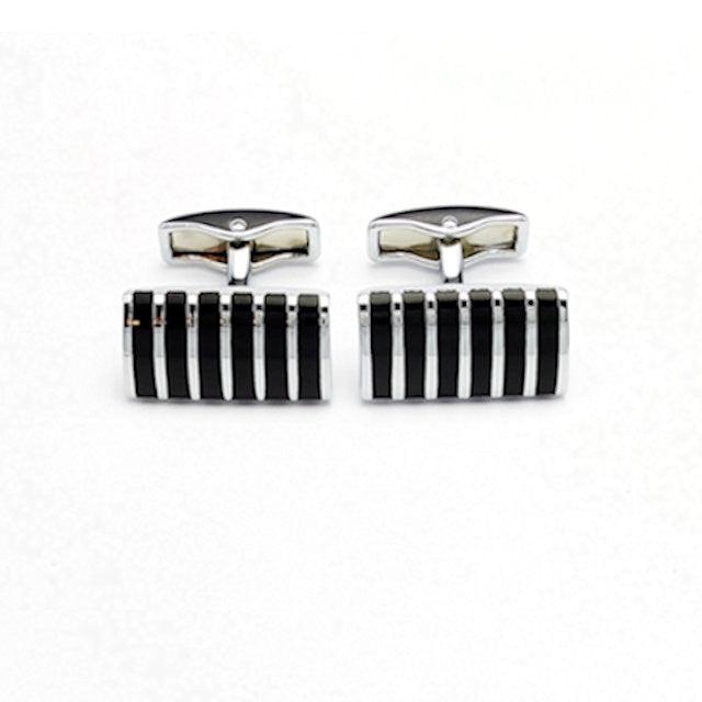 T.M.J striped men's enamel cufflinks in black and silver with a polished finish, designed for formal wear.