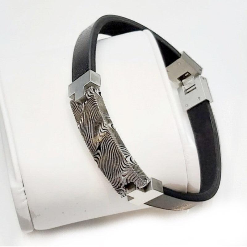T.M.J Damascus steel and leather ID bracelet, stylish men's leather bracelet featuring Damascus steel accents and adjustable strap.