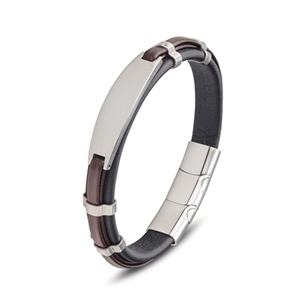 Stainless steel leather bangle bracelet by T.M.J with metal detail and ID plate, showcasing a stylish leather accessory.