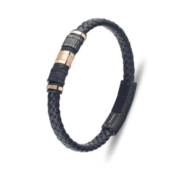 Stainless steel men's black leather bangle bracelet with 21cm size and extension chain, stylish accessory by T.M.J.