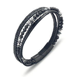 Stainless steel men's black leather lava multi bangle with steel details, T.M.J leather bracelet featuring bold design elements.