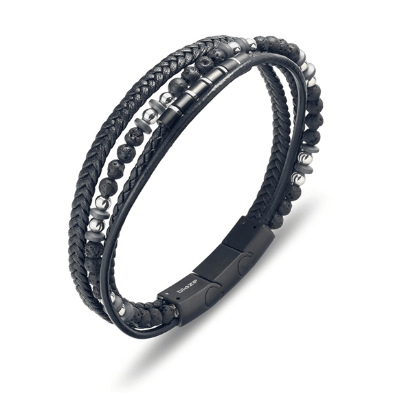 Stainless steel men's black leather lava multi bangle with steel details, T.M.J leather bracelet featuring bold design elements.