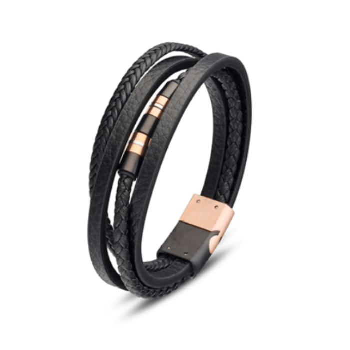 Stainless steel men's leather multi-strand bangle with rose beads, stylish leather bracelet by T.M.J.