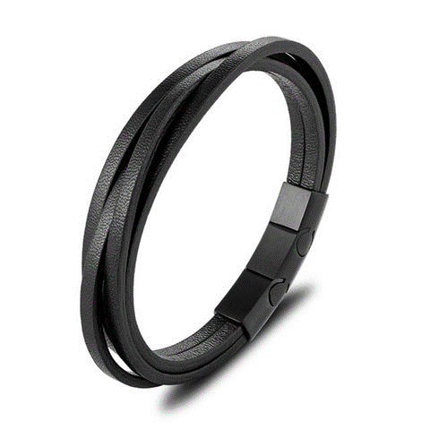 Stainless steel men's multi-strand leather bracelet with metal accents, crafted by T.M.J, featuring layered leather strands and stylish design.