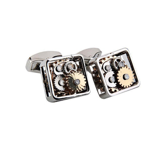 Silver T.M.J Steampunk Gear Cufflinks with intricate mechanical design and gear details, perfect for stylish formal wear.