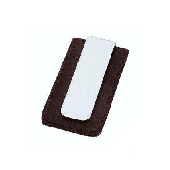 T.M.J stainless steel and leather money clip with key ring, featuring a sleek brown design and compact storage.