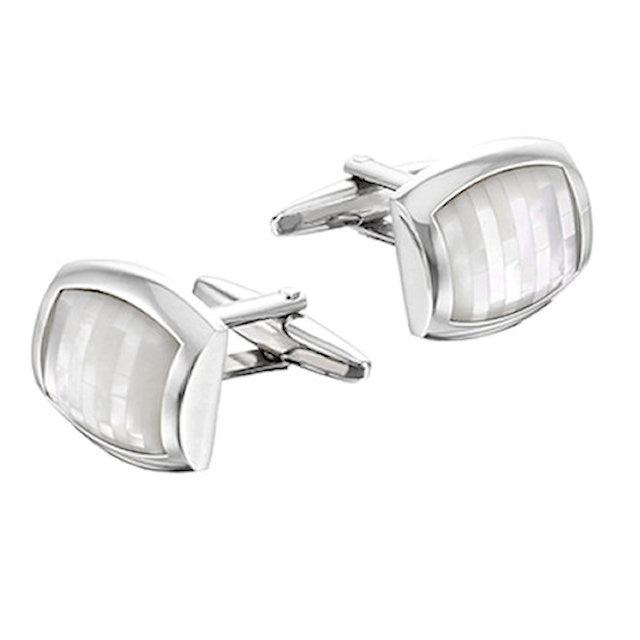 T.M.J mother of pearl cufflinks with silver frame, showcasing polished pearl and sleek metallic design for formal accessories.