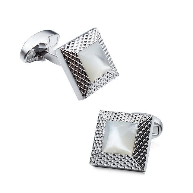 T.M.J rhodium-plated mother of pearl cufflinks for men, featuring elegant jewelry design with polished finish and classic style.
