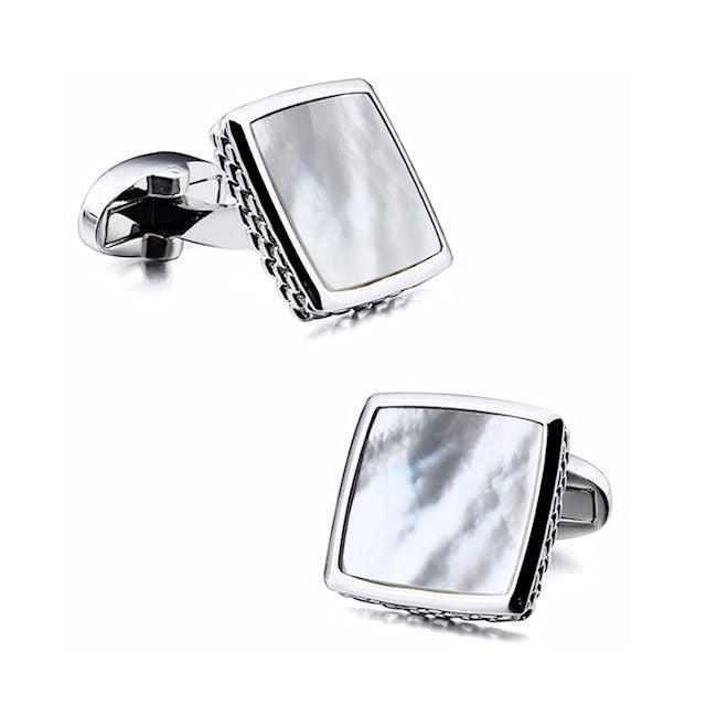 T.M.J mother of pearl cufflinks with elegant square design and gunmetal rhodium finish, showcasing polished mother of pearl surfaces.
