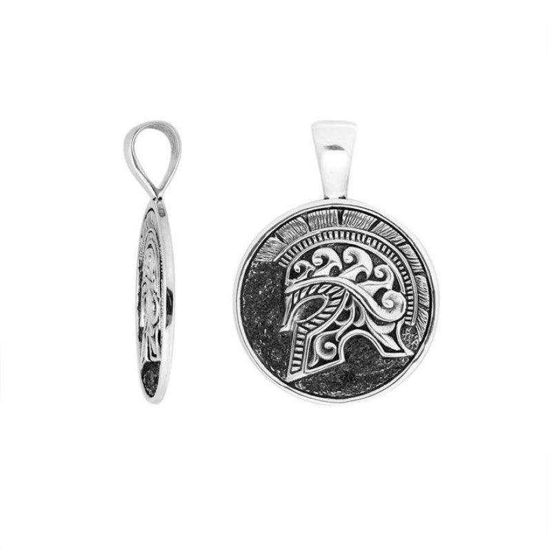Sterling silver round Spartan helmet pendant from T.M.J, featuring detailed classical warrior design, jewelry pendant for men or women