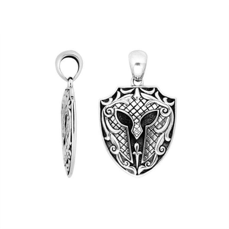 Sterling silver Spartan Guardian Helmet pendant from T.M.J, detailed ancient warrior helmet jewelry for men or women.