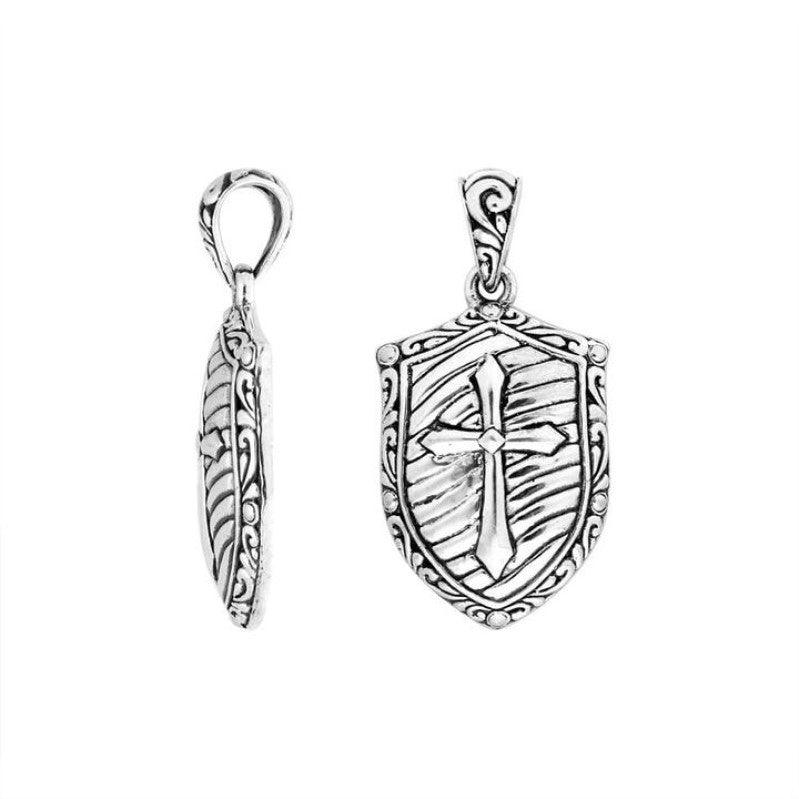 Sterling silver Templers Cross Shield Pendant by T.M.J, showcasing a detailed cross design on a sleek pendant.