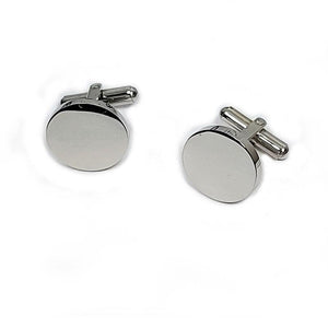 Elegant round stainless steel cufflinks with engravable surface, by T.M.J, featuring a polished, sophisticated design for formal wear.
