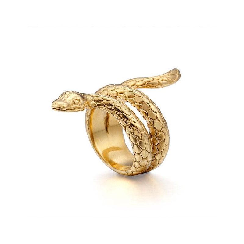 Stainless steel gold snake ring by T.M.J with intricate snake design, shiny gold finish, and smooth band for stylish jewelry.