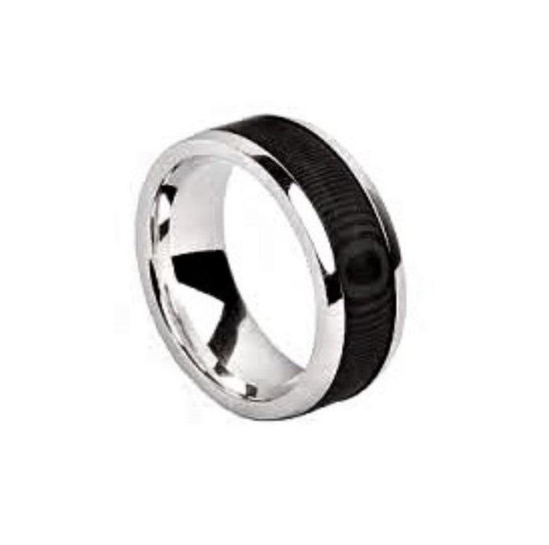Stainless steel men's ring with a unique carbon fiber design band, featuring a sleek, modern style by T.M.J.