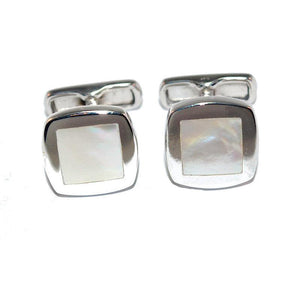 Sterling silver cufflinks with round mother of pearl inserts, polished finish, elegant men's jewelry accessory.