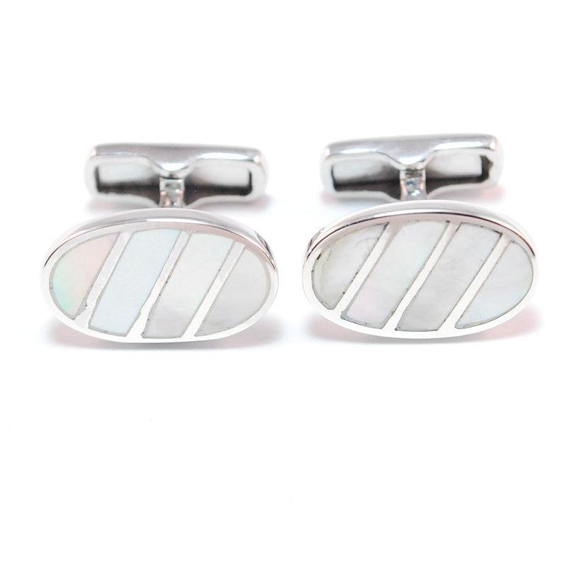 Sterling silver cufflinks with elegant mother of pearl inlay, crafted by T.M.J. for sophisticated men's accessories.