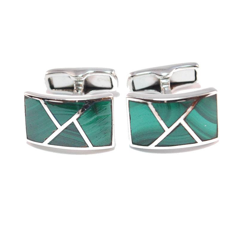 T.M.J Sterling silver cufflinks with handcrafted malachite stone, featuring polished silver detailing and elegant design.